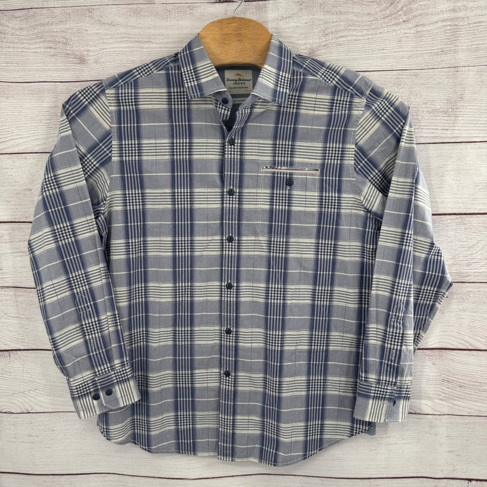 Tommy Bahama Jeans Plaid Shirt Island Modern‎ Fit Button Up Blue Large